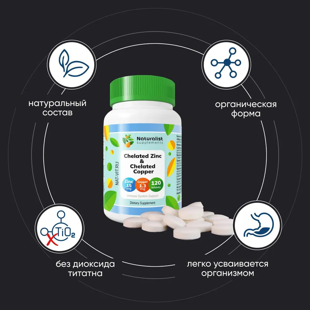 Медь и цинк хелат 250 мг / 120 шт / Naturalist supplements