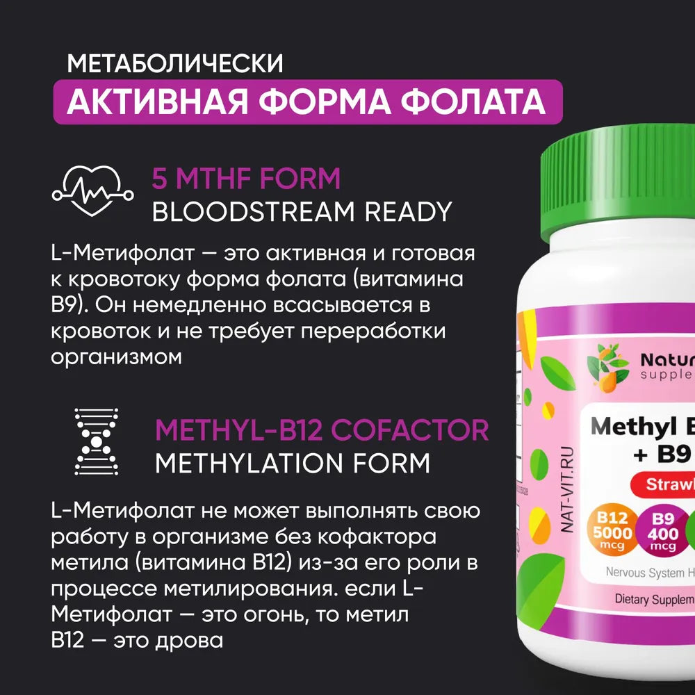 Жевательные витамины В9 400 мкг и В12 5000 мкг со вкусом клубники / 60 шт / Naturalist supplements