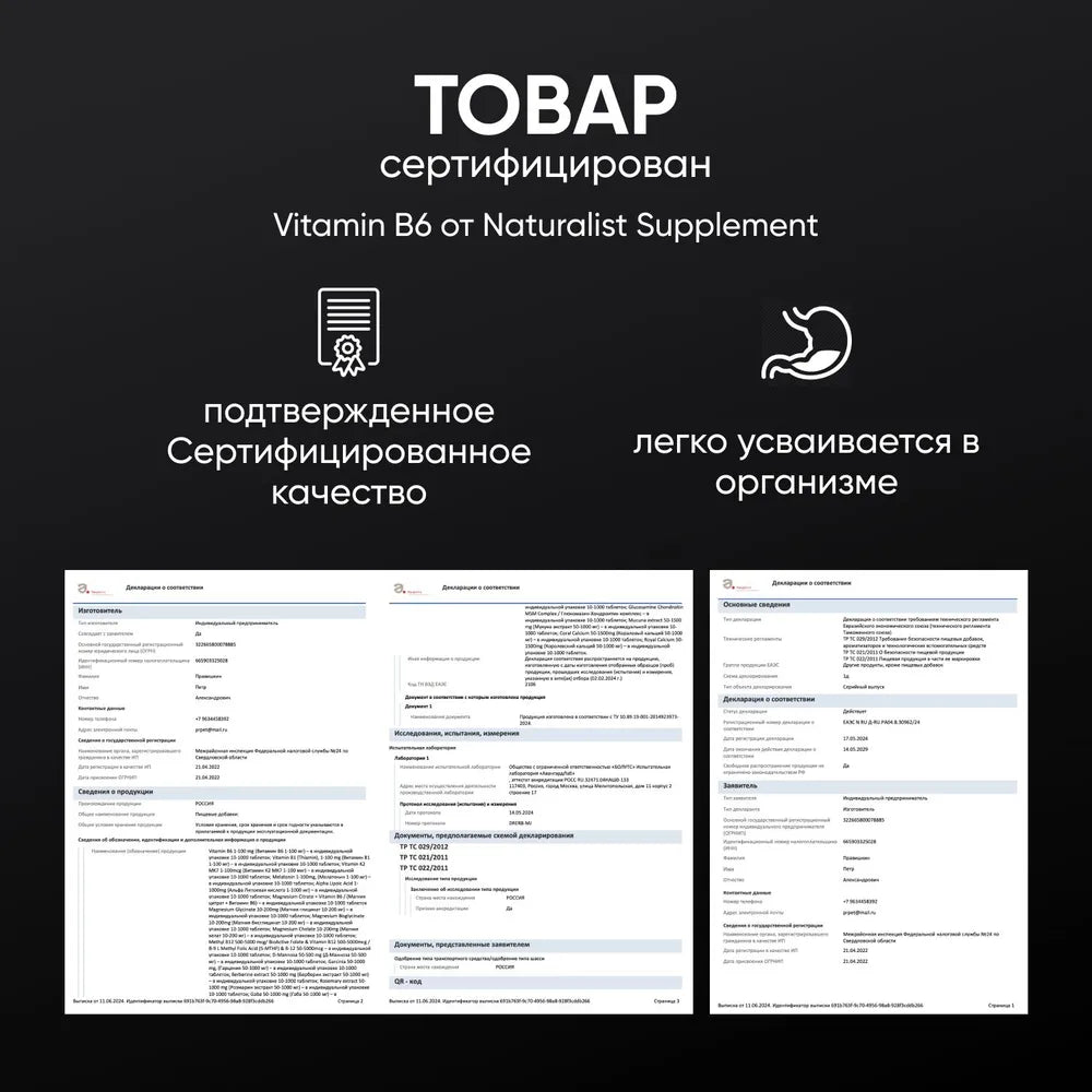 Витамин В6 100 мг / 100шт / Naturalist supplements